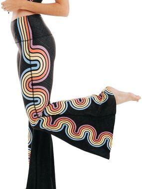 Yoga Democracy Black Flared Leggings And Crop Top Set with Retro Rainbow Design